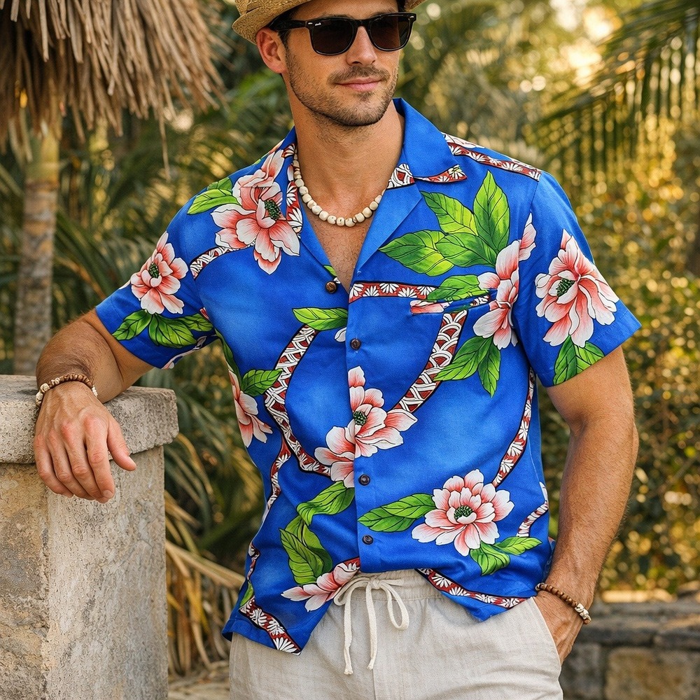 Vintage 70s 80s Hilo Hatties Hawaii Floral Shirt Blue Aloha Camp Tiki Luau